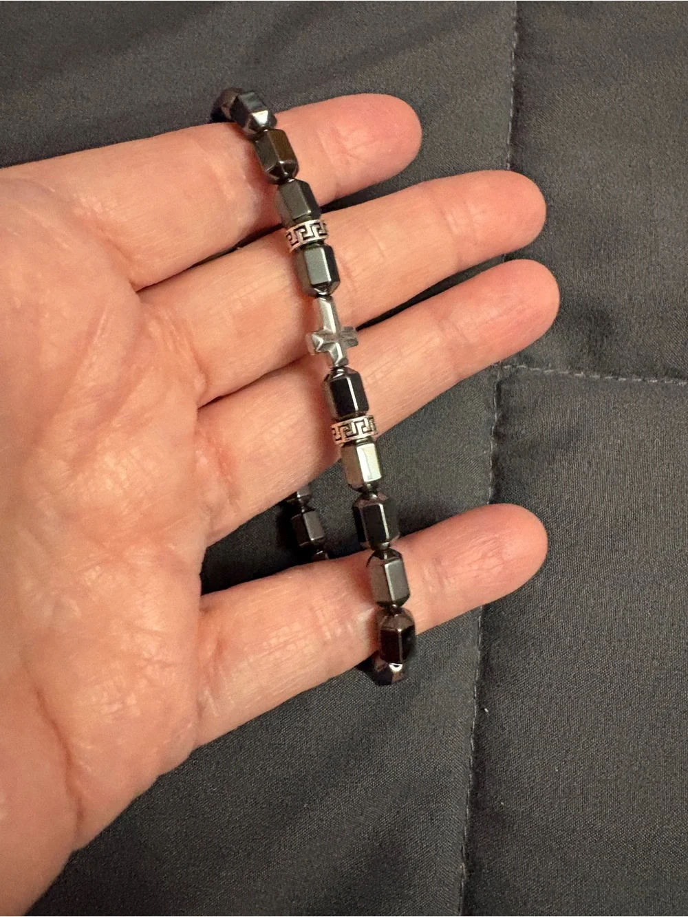Steeltime Men’s Sterling Silver Cross & Hematite Beaded Stretch Bracelet - NIP